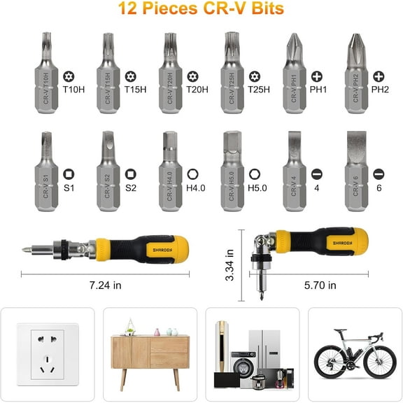 UYGDUY-SHARDEN Ratcheting Multi Bit Screwdriver - 13-in-1 Tool Set, Flat Head/Square/Torx/Hex/Phillips, 180 Degree Pivoting Adjustable Angle Magnetic Screwdriver