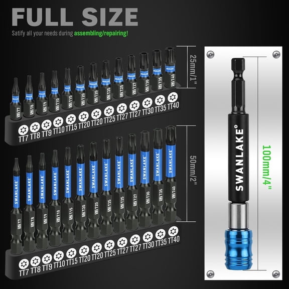 UYGDUY-SWANLAKE Impact Torx Bit Set, 27-piece (TT7-TT40) 1''&2'' Security Tamper Proof Magnetic Screwdriver Bits, CNC Machined Tips, S2 Steel Long Torque Star Bits with 4'' Impact Bit Holder and Stor