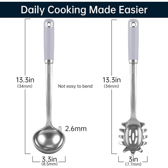 UYGDUY-Safring Stainless Steel Soup Ladle and Spaghetti Spoon Set, Heat Resistant Rubber Handle, Dishwasher Safe, Kitchen Utensils for Cooking, Stirring, Serving Pasta, Soup & Sauce (Lavender)