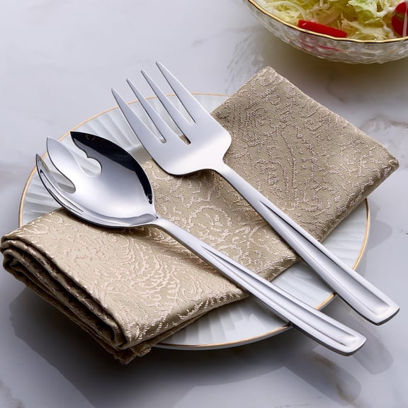 UYGDUY-Salad Server Set, 9.5-inch Stainless Steel Salad Serving Utensil, 2-Piece Large Salad Spoon and Fork Serving Set, Dishwasher Safe