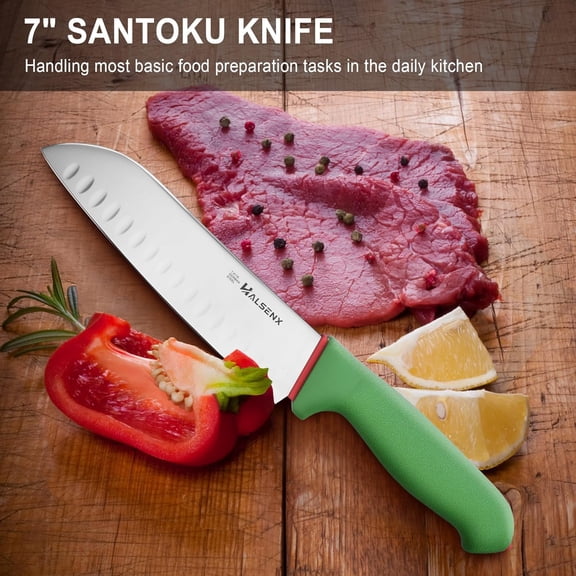 UYGDUY-Santoku Knife 7 Inch With Non-Slip Softgrip Handle, Multi-Purpose Kitchen Knife for Vegetable Chopping, Precise Dicing, Meat Slicing (Green)