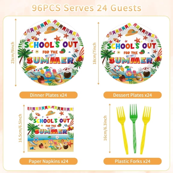 UYGDUY-School Out for Summer Decorations, 96 Pcs Schools Out Disposable Plates and Napkins Set with Forks, End of School Year Summer Party Tableware Party Supplies for 24 Guests