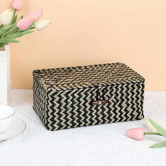 UYGDUY-Seagrass Storage Baskets with Lid Woven Wicker Storage Bins for Organizing Natural Rectangular Home Organizer for Bedside Living Room Entryway Table,10.2" x 6.3" x 3.9"