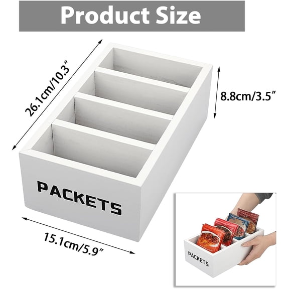 UYGDUY-Seasoning Packet Organizer, Food Packet Storage Organizer with 4 Compartments, White Wooden Storage Caddy for Kitchen Pantry Cabinet, Farmhouse Kitchen Organization Bins for Snack Spice Packet