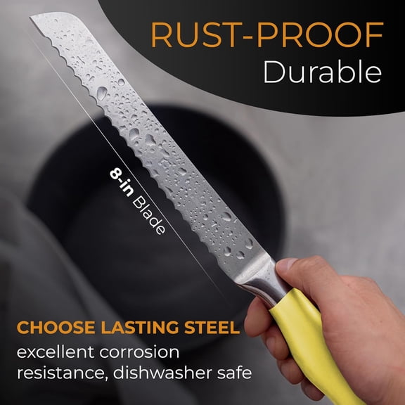UYGDUY-Serrated Bread Knife Ultra-Sharp Stainless Steel Professional Grade Bread Cutter - Cuts Thick Loaves Effortlessly - (8-Inch Blade with 5-Inch Handle), Yellow