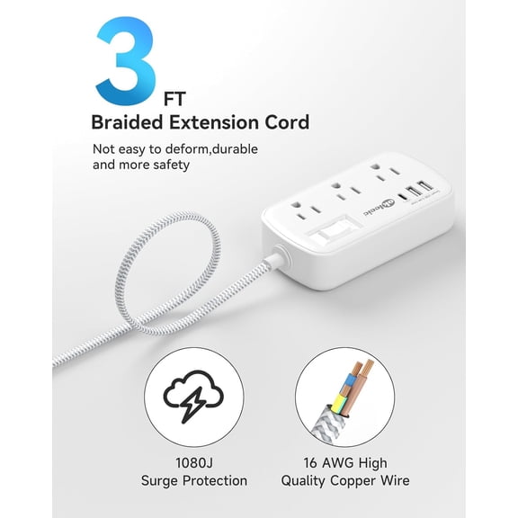 UYGDUY-Short Extension Cord 3 Ft - Small Power Strip Flat Plug Surge Protetor with 6 Outlets & 3 USB (1 USB C) Charging Ports, Multi Plug Wall Outlet Extender for Travel Dorm Room Essentials