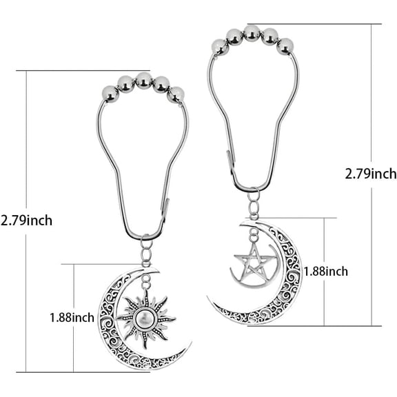 UYGDUY-Shower Curtain Hooks Rings12Pack, Decorative Moon Star Sun for bathroom, Gothic Bathroom Set, Silver Rust Proof Stainless Steel Hooks, Witchy Hanger, Celestial Decor, Heavy Duty Roller decor