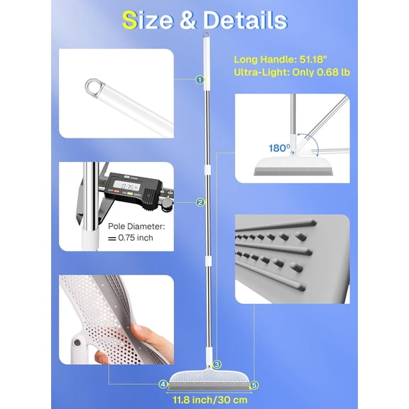 UYGDUY-Silicone Floor Squeegee, 180 Rotating Air Broom, Squeegee for Floor with a Long Handle, Magic Broom for Water and Pet Hair Removal on Bathroom Floors, Tile, Deck and Glass, Indoor Cleaning To