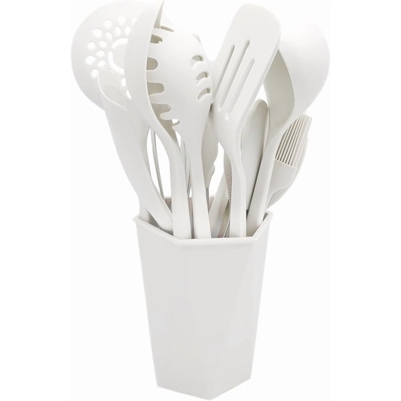 UYGDUY-Silicone Kitchen Utensils Set, 12 Pieces Kitchen Utensils Set, Anti-Stick Heat Resistant Wooden Handle Cooking Utensils with Dish Holder, Silicone Spatula Tableware Set, Dishwasher Safe. Beige