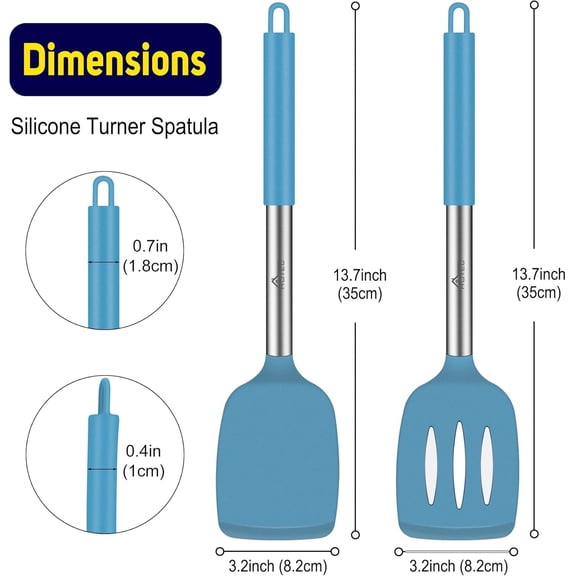 UYGDUY-Silicone Spatula Set of 2 Heat-Resistant 600F & BPA-Free Kitchen SaptulaTurner with Stainless Steel Handles, Slotted & Solid Spatulas for Nonstick Cookware, 13.7 Inch, Blue