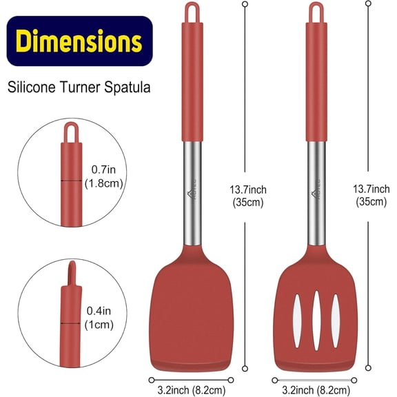 UYGDUY-Silicone Spatula Set of 2 Heat-Resistant 600F & BPA-Free Kitchen SaptulaTurner with Stainless Steel Handles, Slotted & Solid Spatulas for Nonstick Cookware, 13.7 Inch, Red