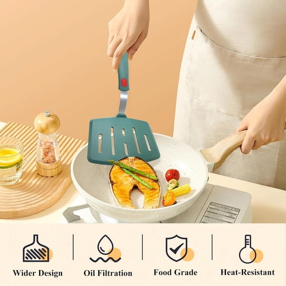 UYGDUY-Silicone Spatula Turner Set of 2, Heat Resistant Pancake Spatulas for Nonstick Cookware Pan, Wide Slotted Cooking Spatula for Omelette Egg Fish, Thin Flexible for Kitchen Use, Dishwasher Safe