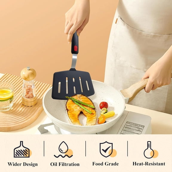 UYGDUY-Silicone Spatula Turner Set of 2, Heat Resistant Pancake Spatulas for Nonstick Cookware Pan, Wide Slotted Cooking Spatula for Omelette Egg Fish, Thin Flexible for Kitchen Use, Dishwasher Safe,