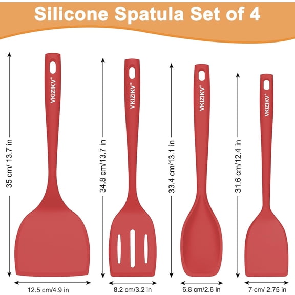 UYGDUY-Silicone Spatula Turner Set, 4 Pack, 600F Heat Resistant Cooking Spatulas, Spoons, BPA Free & Non-Stick Kitchen Utensils, Ideal for Flipping Egg, Pancake, and Serving, Dishwasher Safe (Red)