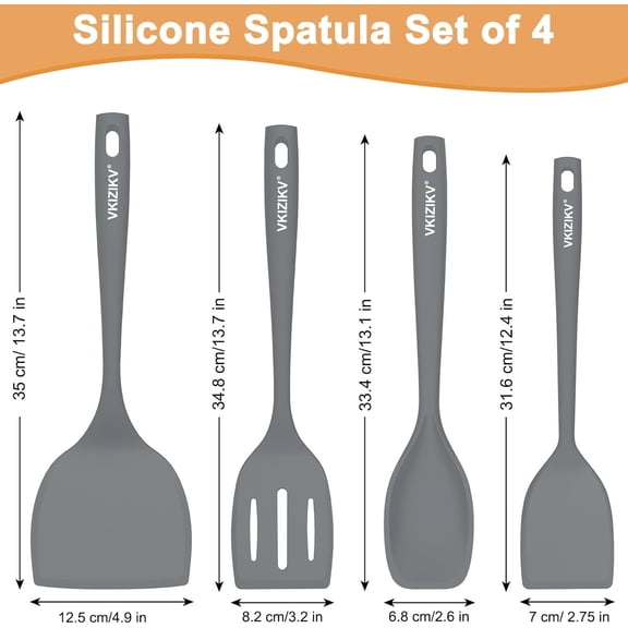 UYGDUY-Silicone Spatula Turner Set, 4 Pack, 600F Heat Resistant Cooking Spatulas, Spoons, BPA Free & Non-Stick Kitchen Utensils, Ideal for Flipping Egg, Pancake, and Serving, Dishwasher Safe (Gray)