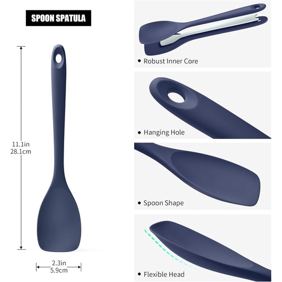 UYGDUY-Silicone Spoon Spatula, 600F Heat-Resistant Food Grade Rubber Spoonula with Seamless Design, Non-Stick Flexible Scraper Kitchen Cooking Spoon Baking Tool for Mixing, Scraping (Navy Blue)