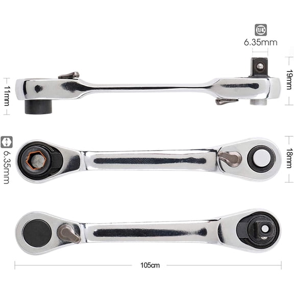 UYGDUY-Silver Ratchet Wrench 1/4 Inch Mini Double Headed 72 Tooth Drive Socket and Screwdriver Bit Ratchet Set Rotator Practical Accessories Tool 5 Degrees Quick Install Release