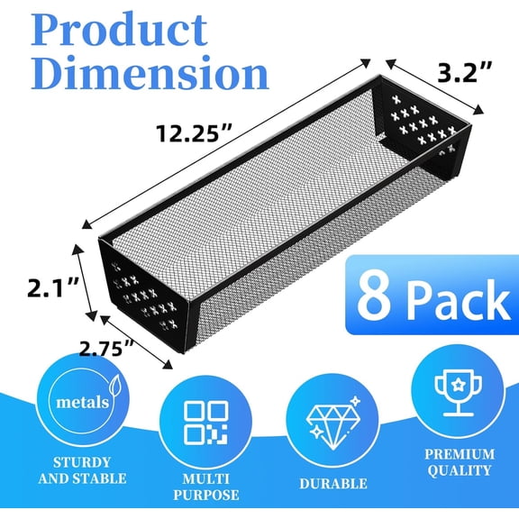 UYGDUY-Silverware Drawer Organizer, 8 Pack Utensil Organizer for Kitchen Drawers, Metal Storage for Spoons Forks Knives (12.2 * 3.2 * 2.1 Inches, Black)