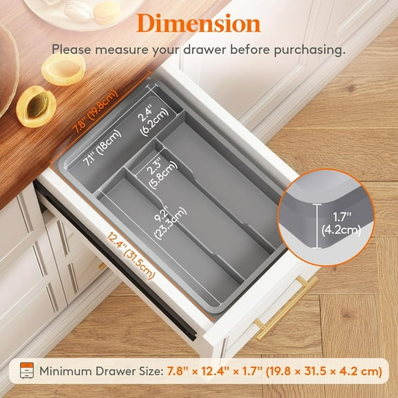 UYGDUY-Silverware Drawer Organizer Tray, Plastic Cutlery Storage for Kitchen, Flatware and Utensil Holder Divider for Spoons Forks Knives Tableware, 7.8 x 12.4", 4 Slots, Gray