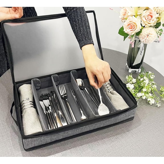 UYGDUY-Silverware Organizer Chest,Silverware Storage Box,Stackable Flatware Storage Case,Spoon Organizer,Tableware Storage Box With 4 Dividers for Moving Transport,Kitchen Utensil cutlery Organizer