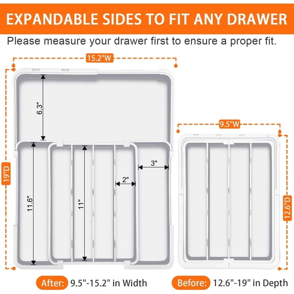 UYGDUY-Silverware Organizer Extra Deep - Expandable Utensil Drawer Organizer, 19 x 15 Inch Silverware Tray for Kitchen Drawer with 7 Slots, Adjustable Cutlery Tray for Spoons Forks Knives, White
