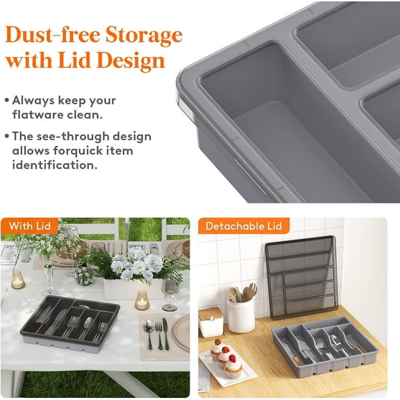 UYGDUY-Silverware Organizer with Lid, Covered Utensil Tray for Kitchen Drawer and Countertop, Plastic Cutlery and Flatware Storage Box for Spoons Forks Knives Holder Case, 12.6x11.8", Gray