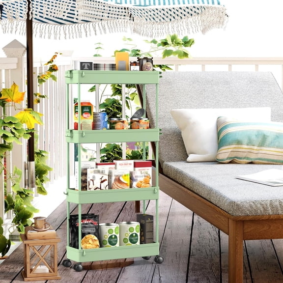 UYGDUY-Slim Rolling Storage Cart 4 Tier Bathroom Organizer Utility Cart Mobile Shelving Unit Tower Rack for Kitchen, Laundry Room, Bathroom, Narrow Places, Green