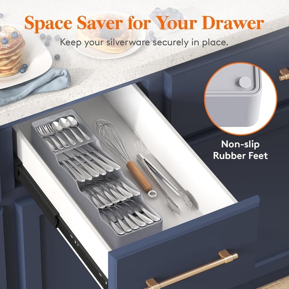 UYGDUY-Small Flatware Drawer Organizer, Compact Narrow Silverware Tray for Kitchen Drawers, Plastic Cutlery Holder for Spoons, Forks, Knives Fits Small & Slim Kitchen Drawers, Gray