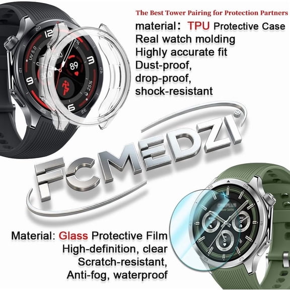 UYGDUY-Smartwatch Screen Protector Compatible for OnePlus Watch 3 Obsidian/Emerald Titantium 46mmTempered Glass Protective Film and Case TPU Soft Frame Cover (Pack of 3+2)
