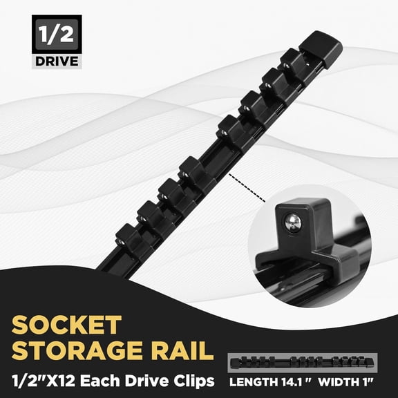 UYGDUY-Socket Organizer, 1/2-Inch Drive Heavy Duty Socket Holder Kit ABS, Socket Rail 1/2-Inch x 12 Clips Black, 2 Pieces