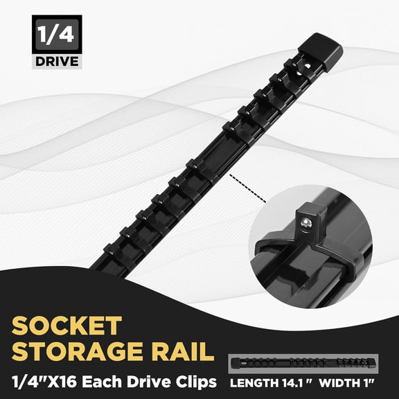 UYGDUY-Socket Organizer, 1/4-Inch Drive Heavy Duty Socket Holder Kit ABS, Socket Rail 1/4-Inch x 16 Clips Black, 3 Pieces