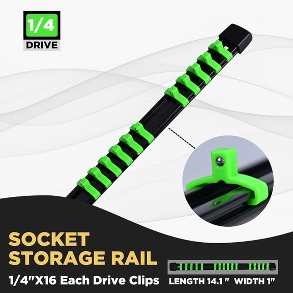 UYGDUY-Socket Organizer, 1/4-Inch Drive Heavy Duty Socket Holder Kit ABS, Socket Rail 1/4-Inch x 16 Clips Green