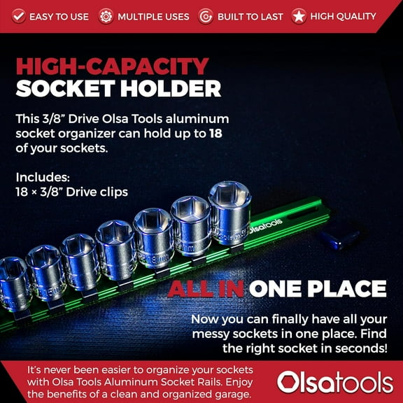 UYGDUY-Socket Organizer - 1/4-Inch Drive Socket Holder Rail - Green Aluminum Track Stores 24 Chrome or Impact Sockets - Professional Grade Metric or SAE - Part: 1103