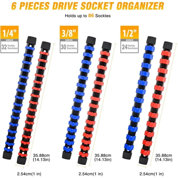 UYGDUY-Socket Organizer ABS Socket Holder Set 1/4" 3/8" 1/2" Drive Socket Rail Holders Stores up 86 Clips Impact Sockets Organizers Rails for Tool Box Drawer, 6 Piece Blue Red