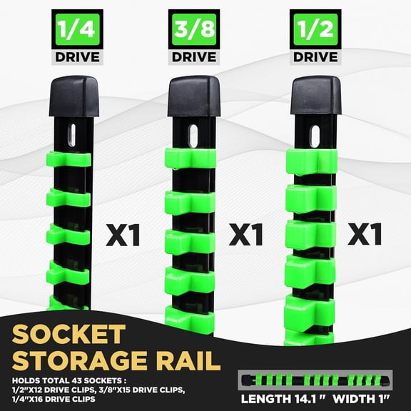 UYGDUY-Socket Organizer Set 3PCS ABS Socket Holder Kit, 1/4-Inch x 16 Clips, 3/8-Inch x 15 Clips, 1/2-Inch x 12 Clips Socket Set Organizer, Drive Socket Tray, Socket Holders Clip Socket Rail, Green