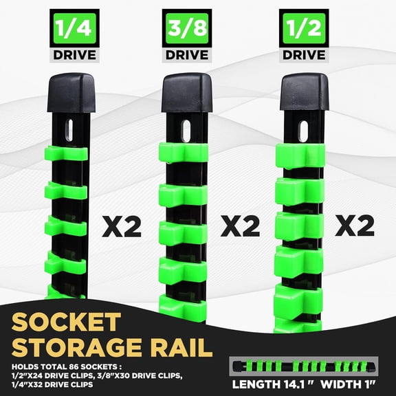 UYGDUY-Socket Organizer Set 6PCS ABS Socket Holder Kit, 1/4-Inch x 32 Clips, 3/8-Inch x 30 Clips, 1/2-Inch x 24 Clips Socket Set Organizer, Drive Socket Tray, Socket Holders Clip Socket Rail, Green
