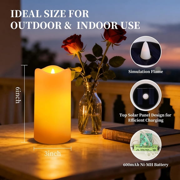 UYGDUY-Solar Candles Outdoor Waterproof 2 Pack, 3"x6" Flickering Flameless Solar Pillar Candle Lights, Dusk to Dawn Warm Amber Solar Candles for Lanterns, Garden, Patio, Porch, Backyard Decor