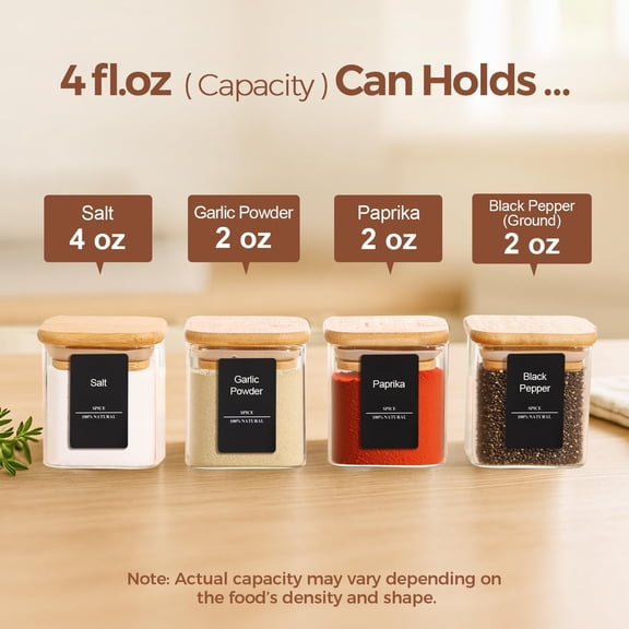UYGDUY-Spice Jars with Labels 4 oz 6Pack, Small Spice Containers Starter Set, Glass Seasoning Jars with Lids, Square Seasoning Containers for Salt, Pepper, Chili Powder, Sugar, Ginger Ground, Cumin