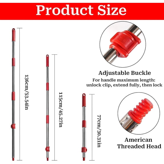 UYGDUY-Spin Mop Handle Replacement for Ocedar, Heavy Duty Hand Press Mop Stick Replacement Parts for O Cedar Easywring/Rinseclean/H2pro, 3 Section 30" to 53" Telescopic Pole, Mop Head and Base Exclud