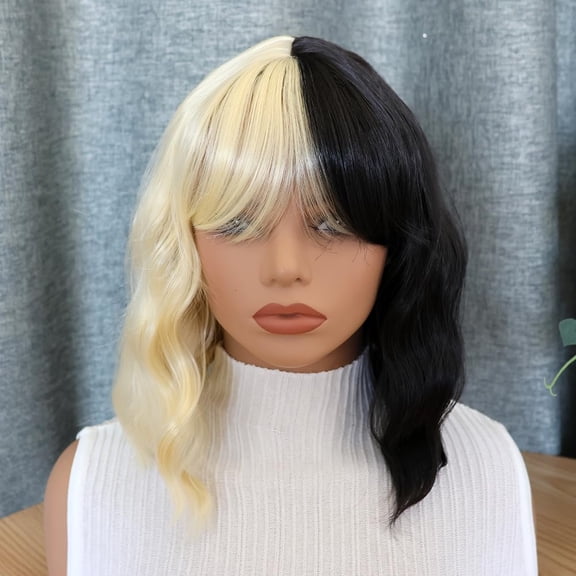 UYGDUY-Split Color Black and Blonde Wig with Bangs for Women, 14-Inch Short Curly Wavy Bob Wig, Two Tone Middle Part Synthetic Heat Resistant Fiber Hair Wigs for Daily Party Cosplay Halloween Use