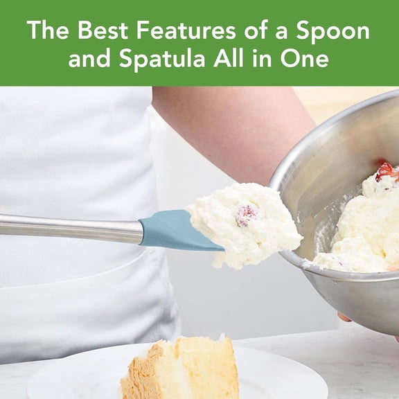 UYGDUY-Spoon Spatula Spoonula with Stainless Steel Handle Ergonomic Grip, Silicone Scoopula Kitchen Utensil Non Scratch Easy Clean Dishwasher Safe Heat Resistant Flex Core Scoop Spatula, Blue Slate