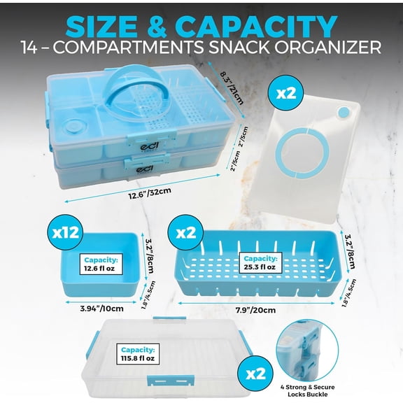 UYGDUY-Stackable Snack Organizer Container 2 Pack, 14 Compartments Food Storage Tray with Lids & Handles for Travel & Charcuterie, BPA-Free, Dishwasher & Microwave Safe (Blue 2 Pack)
