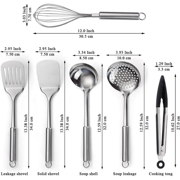 UYGDUY-Stainless Steel Cooking Utensils Set 6 Pieces, Kitchen Tools Set Include Metal Spatula Set, Skimmer, Ladle, Tong, Whisk, Kitchen Gadgets Essentials New Home Must Have