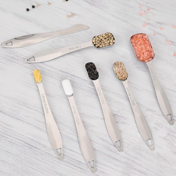 UYGDUY-Stainless Steel Measuring Spoons Set of 7, Nesting Measuring Tool with Leveler, Rectangular Tablespoon and Teaspoon for Baking & Cooking, Stackable Kitchen Gadgets for Dry & Liquid Ingredients