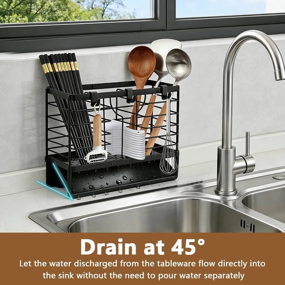 UYGDUY-Stainless Steel Utensil Holder, Utensil Drying Rack with Drain Tray, 3 Compartments Kitchen Counter Drainer Basket Cutlery Organizer for Forks, Chopsticks, Spoons(Color:Black)