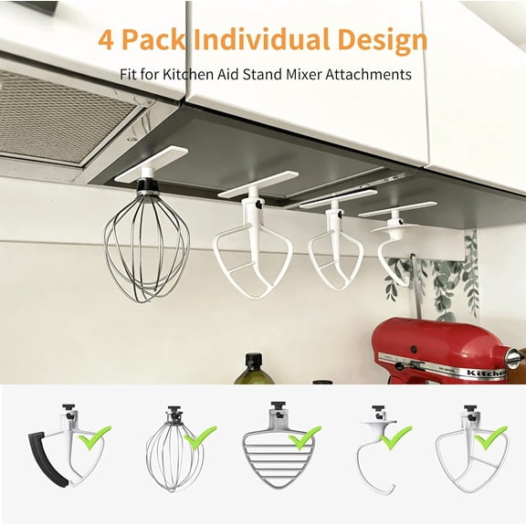 UYGDUY-Stand Mixer Attachment Holder for KitchenAid Accessories and Attachments - 4 Pack Hanging Organizer for Storage Your Kitchen Aid Dough Hook Paddle Whisk Attachment Hanger (Plastic White)