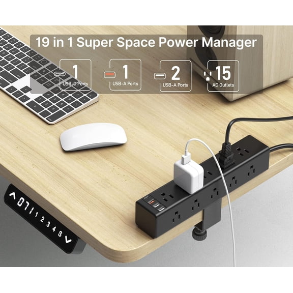 UYGDUY-Standing Desk Clamp Power Strip with 15 Outlets, Widely Spaced Desktop Edge Mount Surge Protector Outlet, Fast Charging USB-A and USB-C Ports, 6 FT Flat Plug, Black Fit 1.6 inch Table top.