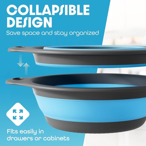 UYGDUY-Strainer with Self-Draining Base (5QT) Over-Sink Collapsible Kitchen Colander Set with Side-drain Base for Pasta Vegetables and Fruit, XL Large Capacity, Dishwasher Safe (5-Quart) Blue/Gray