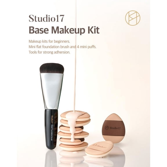 UYGDUY-Studio17 Mini Flat Foundation Brush & Small Puff Set | Small Makeup Brush Set with 4 Mini Sized Puffs | Kit for Liquid Foundation Makeup for Base | 0.06mm Micro Synthetic Bristle & Case Pack I