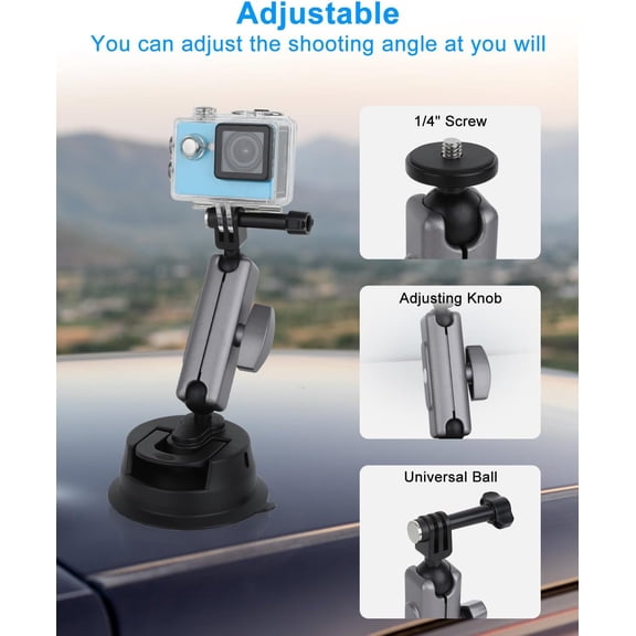 UYGDUY-Suction Cup Mount for Gopro Car Mount, 360 Adjustable Bracket Holder with Ball Head Magic Arm, 1/4" Screw Quick Release Car Mount Compatible with GoPro/Insta360/DJI OSMO Action Camera, Black